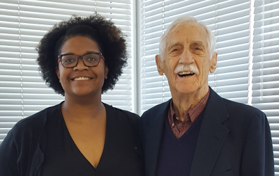Glen Earthman with Turonne Hunt, a student advisee, after she completed her final defense in 2021. Photo courtesy of Carol Mullen.